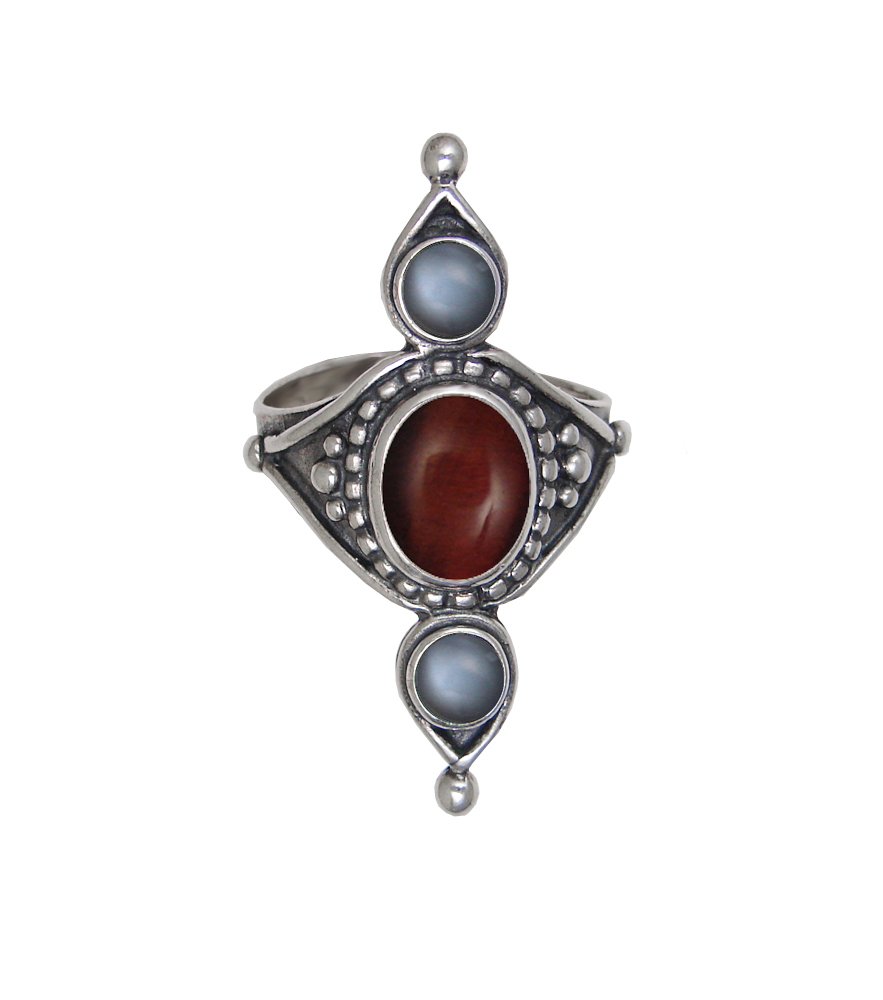 Sterling Silver Royal Ring With Red Tiger Eye And Grey Moonstone Size 10